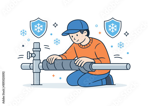 Pipe Insulation Protection. Preventing pipe freezing. A character adding insulation around household pipes, careful hands and steady work, snowflakes and
