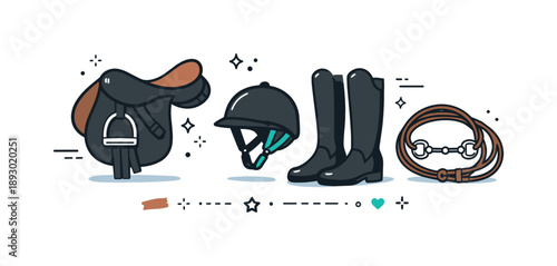 Stylish Equestrian Gear. Equestrian equipment and gear. A tidy scene with saddle, helmet, boots, and reins arranged neatly. The mood is organized,
