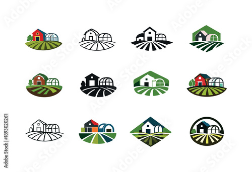 Farm Logo Variations. A small farm with a hand-built greenhouse for growing vegetables. Icon set. Set Logo of A small farm with a hand-built greenhouse for