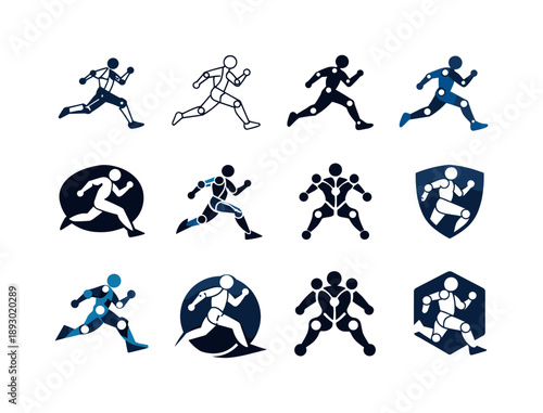 Biomechanics Icon Variations. Biomechanics in sports and human performance. Icon set. Set Logo of Biomechanics in sports and human performance: running motion