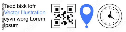 Navigation, digital technology, data tracking, scheduling, geolocation, connectivity. A bold QR code, blue map pin and clock symbol. Navigation and digital technology concept