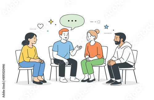 Supportive Group Dialogue. Group counseling discussion. Participants speaking one by one with gentle speech bubbles, others listening with supportive posture.