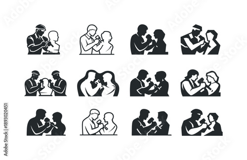 Sculptors Logo Variations. Sculptors shaping their creations. Icon set. Set Logo of Sculptors shaping their creations: sculptor?s hammer & chisel tools.