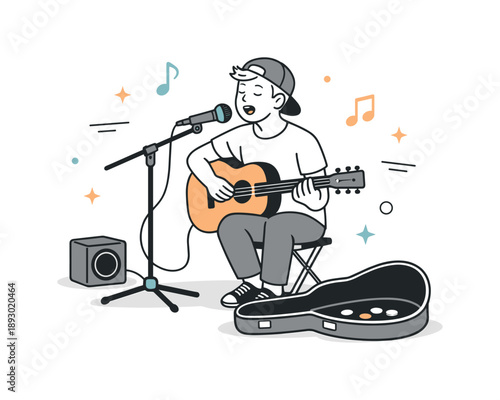 Intimate Street Performance. Street music performance solo. Musician singing with simple sound notes floating around, focused expression and intimate street