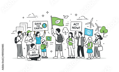 Eco Activism Gathering. Eco activism march gathering. Small crowd assembling in an open urban space with banners and flags, organized action and respectful