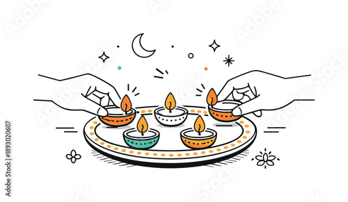 Lighting Festive Diyas. Lighting diyas ritual. Hands gently placing lit diyas on a decorative plate, showing preparation for the festival of lights. Calm,