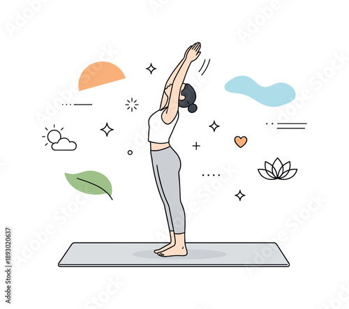 Serene Yoga Pose. Yoga set. A calm scene of a person in light activewear performing a gentle sun-salutation pose on a neat mat, calm balance and mindful