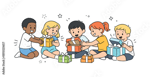 Joyful Gift Gathering. Kids opening presents together. Children passing wrapped boxes and looking inside with surprise. Shared joy and playful interaction