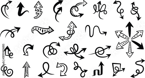 Creative arrow icon collection with curly zigzag looped dotted multi-directional styles, decorative graphic elements, vector illustration design