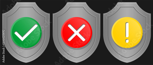 Set of three security shield icons featuring green checkmark for success red cross for error and yellow exclamation mark for warning flat vector illustration for cyber security and safety systems