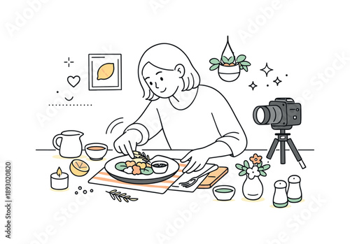 Food Blogging Artistry. Food blogging lifestyle. A blogger styling food with simple props before taking photos, showing attention to detail and aesthetic