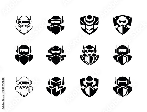 AI Security Logos. AI security patrols. Icon set. Set Logo of AI security patrols: autonomous robot sentinel. harmonious logo variations of the same emblematic