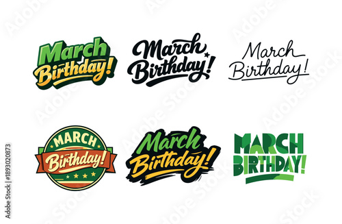 March Lettering Variations. March birthday energy. Set lettering. harmonious lettering variations of the same emblematic concept, each with different artistic