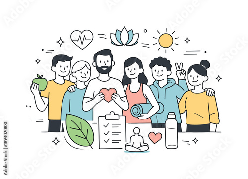 Wellness Community Illustration. Wellness Community. Several friendly characters standing together with shared wellness symbols, representing support and