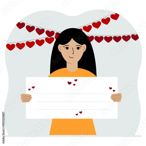 Happy woman holding a poster with text Happy Valentine's Day and red hearts. Love concept. Happy Valentine's Day wallpaper, poster, postcard or congratulation. Vector flat illustration