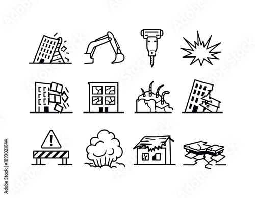 Building Demolition Icons. Building Demolition. Line icon set of Building Demolition: collapsing building, excavator arm, hydraulic breaker, implosion lines,
