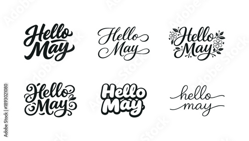 Creative May Lettering. Hello May. Set lettering. harmonious lettering variations of the same emblematic concept, each with different artistic interpretation