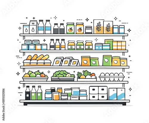 Well-Organized Store Shelf. Well-stocked store shelf. Fully arranged shelves with evenly spaced products suggest readiness and reliable supply. The