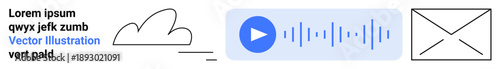 Digital communication, file sharing, multimedia, text services, cloud storage, email messaging. Minimal cloud, text audio playback and email icon. File sharing and digital communication concept