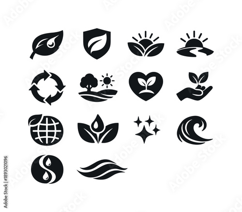Eco Freshness Icons. Eco Freshness Concept. Solid icon set of Eco Freshness Concept: leaf with dew, eco purity badge, sustainable nature sign, fresh start
