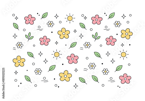 Spring Floral Pattern. Spring pattern background. Repeating flowers, leaves and small sun icons arranged with plenty of air, creating a fresh, light and