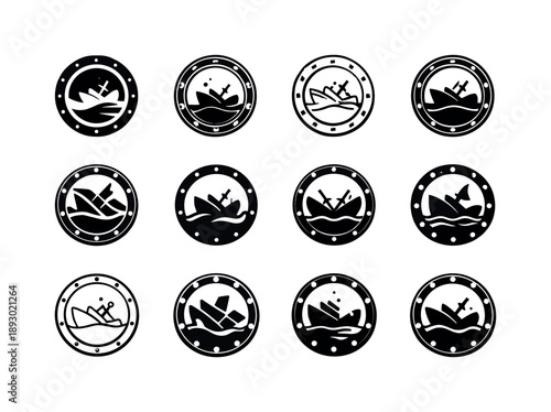 Sunken Ships Icons. sunken ships. Icon set. Set Logo of sunken ships: porthole window. harmonious logo variations of the same emblematic concept, each with