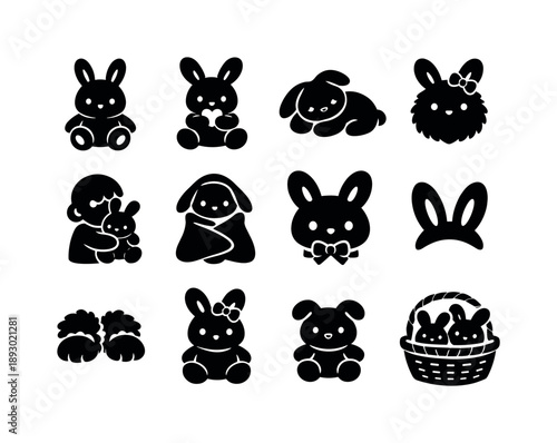 Plush Bunny Icon Grid. Baby Plush Bunny. Solid icon set of Baby Plush Bunny: baby rabbit toy, comfort companion, nap time bunny, fuzzy toy, toddler hug, bunny