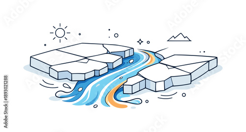 Cracking Ice Transition. Ice cracking and water flowing illustration. Minimal editorial scene showing ice surface breaking into clean geometric cracks, water