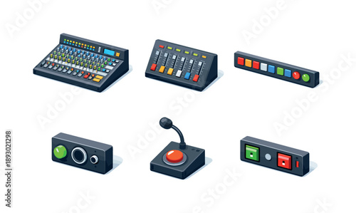 Isometric Sound Desk Icons. Live sound desk. Isometric flat vector icons set of live sound desk: large mixing desk, multiple fader bank, control buttons row,