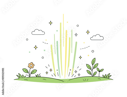 Spring Renewal. Spring energy rising concept. A simple landscape with grass, plants, and light rays moving upward from the ground. The scene communicates