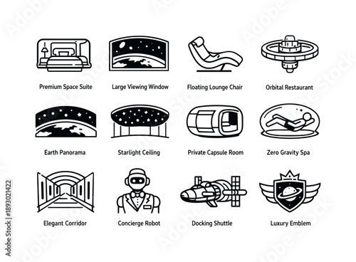 Luxury Space Hotel Icons. Luxury Space Hotel. Line icon set of Luxury Space Hotel: premium space suite, large viewing window, floating lounge chair, orbital