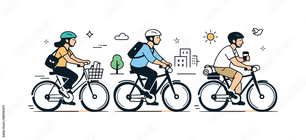 Fototapeta premium Urban Cycling Scene. City commuters cycling. Urban commuters riding bicycles with helmets and simple gear. Sustainable transport and relaxed city movement