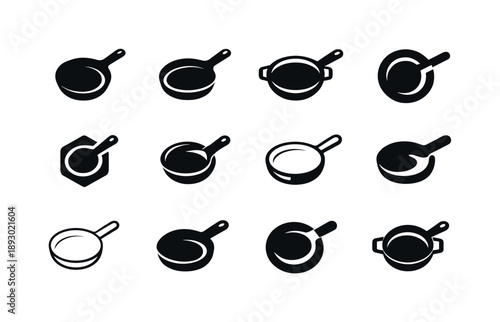 Frying Pan Handle Icons. Frying Pan Handle. Icon set. Set Logo of Frying Pan Handle: pan with ergonomic handle. harmonious logo variations of the