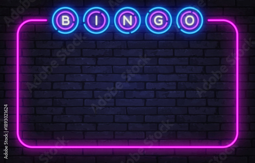 Bright neon bingo lettering inside a glowing frame on brick texture. Casino-inspired background great for gambling themes, nightlife visuals, or online promotions.