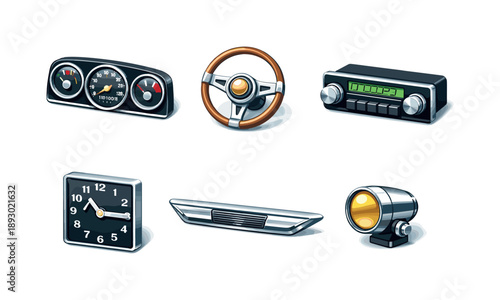 Vintage Car Icon Set. Classic automobile. Isometric flat vector icons set of Classic automobile: dashboard gauge cluster, vintage steering wheel hub, analog