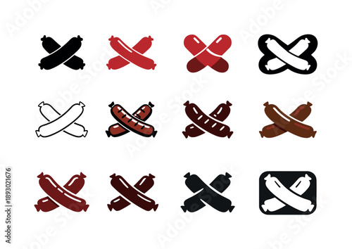 Sausage Logo Variations. Sausage. Icon set. Set Logo of Sausage: crossed sausages emblem. harmonious logo variations of the same emblematic concept, each with