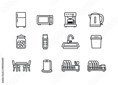 Office Icons Grid. Office Break Room. Line icon set of Office Break Room: refrigerator, microwave, coffee machine, tea kettle, snack jar, cup dispenser, sink,