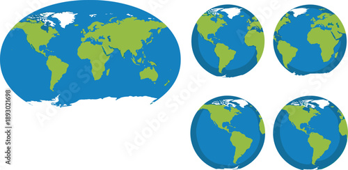 Five Earth representations showing flat map and 3D globes, contrasting geographic visualization styles and global perspectives