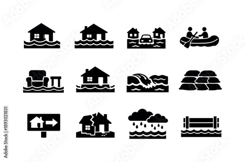 Flooded Homes Icons. Flooded Homes. Solid icon set of Flooded Homes: submerged house, rising water level, flooded street, emergency rescue boat, waterlogged