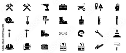 Collection of construction and industrial tools and equipment icons