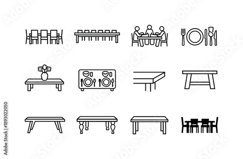 Dining Table Icons. Dining Table. Line icon set of Dining Table: dining table with chairs, long dining table, family dining table, table place setting, table