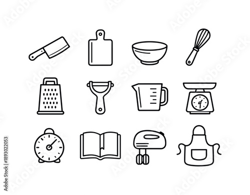 Food Preparation Icons. Food Preparation. Line icon set of Food Preparation: chopping knife, cutting board, mixing bowl, whisk, grater, peeler, measuring cup,