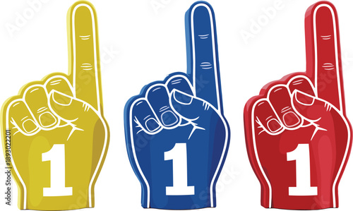 Foam finger icons in red, blue, yellow colors, number one hand gesture, sports fan support, rally symbol, vector illustration