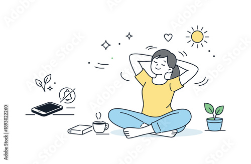 Digital Detox Refresh. Wellness and self-care themes. A gentle digital detox scene showing a phone placed aside while a person stretches or relaxes, calm lines