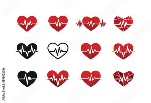 Heartbeat Icon Variations. Heartbeats. Icon set. Set Logo of heartbeats: heart with sound waves. harmonious logo variations of the same emblematic concept,