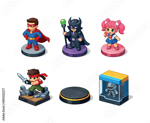 Collectible Figure Icons. Collectible figures. Isometric flat vector icons set of collectible figures: superhero figurine, villain figurine, stylized anime