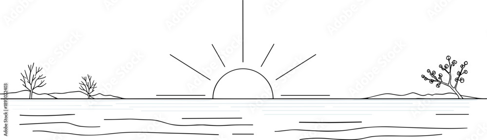 Obraz premium Line drawing of a sunrise over water with minimalistic trees on either side copy space