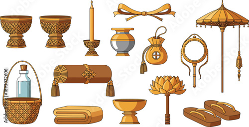 Traditional Asian Cultural Objects Illustration Set with Ceremonial Items, Ritual Accessories, and Decorative Elements for Heritage, Wellness, and Festival Designs