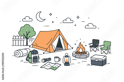 Cozy Backyard Camping. Backyard camping night planning. A cozy backyard with a pitched tent, a small firepit, and simple camping gear laid out, showing calm
