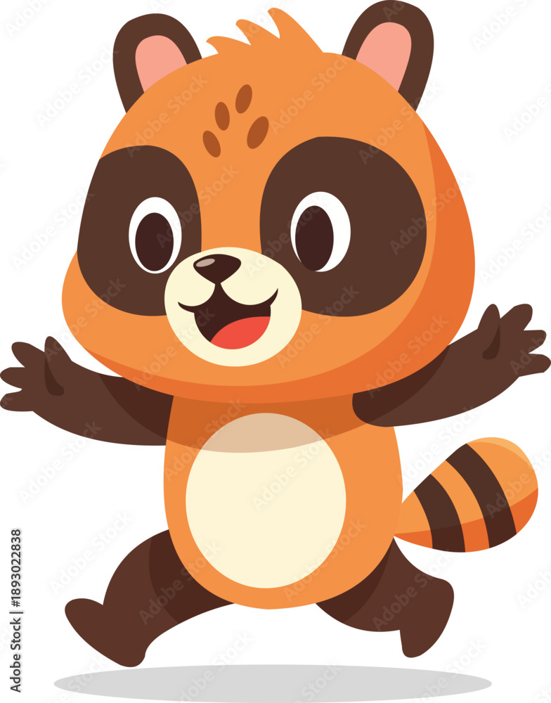 Fototapeta premium Cute raccoon cartoon character jumping happily. Adorable animal mascot illustration for kids design, games, stickers, education, and playful branding concepts.